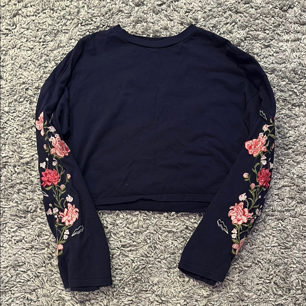 Floral Embroidered Navy Long Sleeve Top